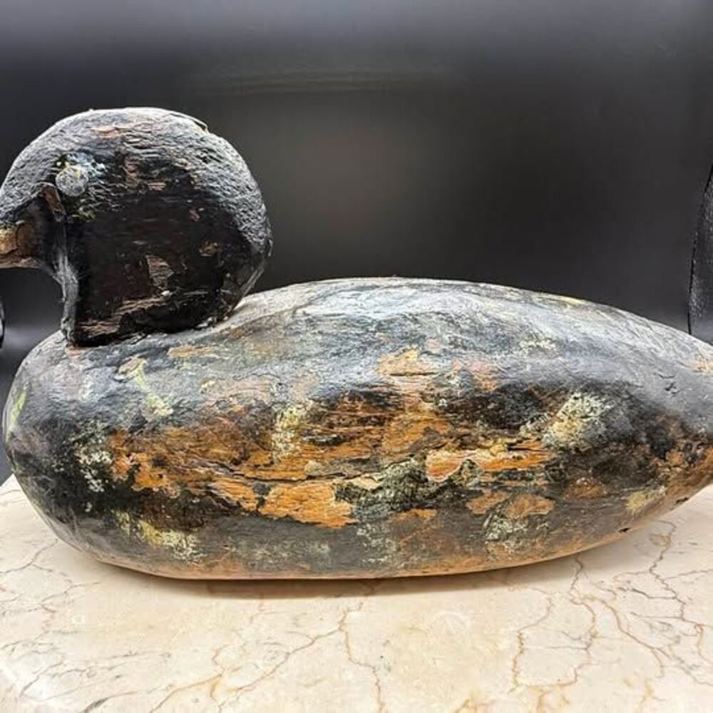 Vintage Primitive Hand Carved Wood Duck Decoy Metal Eye Folk Art 9” Weathered